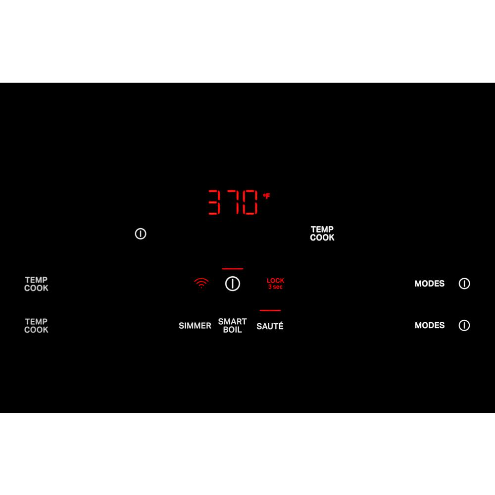 Digital control panel for induction cooktop showing temperature, cooking modes, and smart boil feature in appliance setting