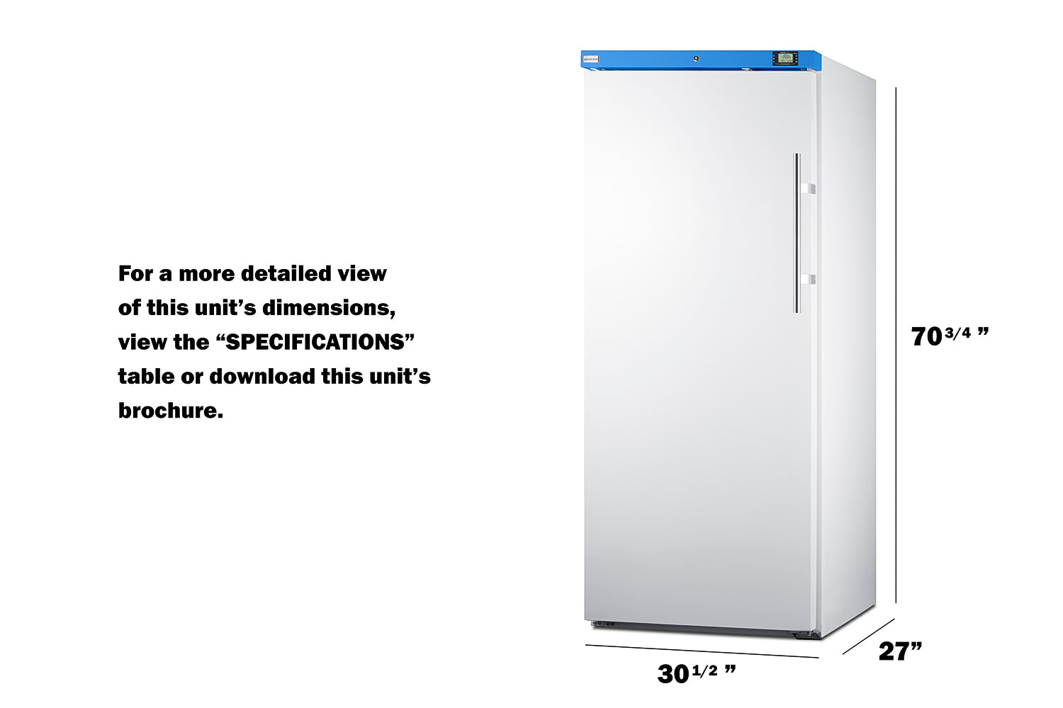 White upright manual defrost freezer with blue accent top and vertical handle from Freezers & Ice Makers collection