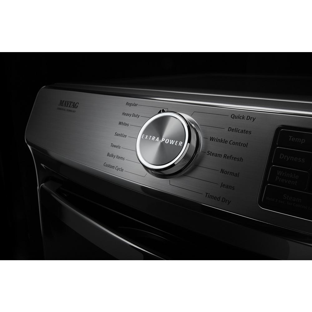 Close-up of metallic control knob labeled Extra Power on sleek gray front-load gas dryer from Dryers and Appliances collections