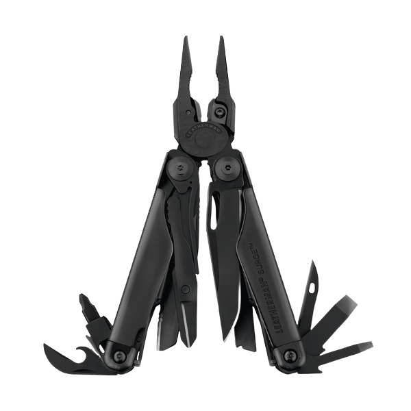 Black multitool with pliers and multiple blades for cutting and woodworking hand tools collection