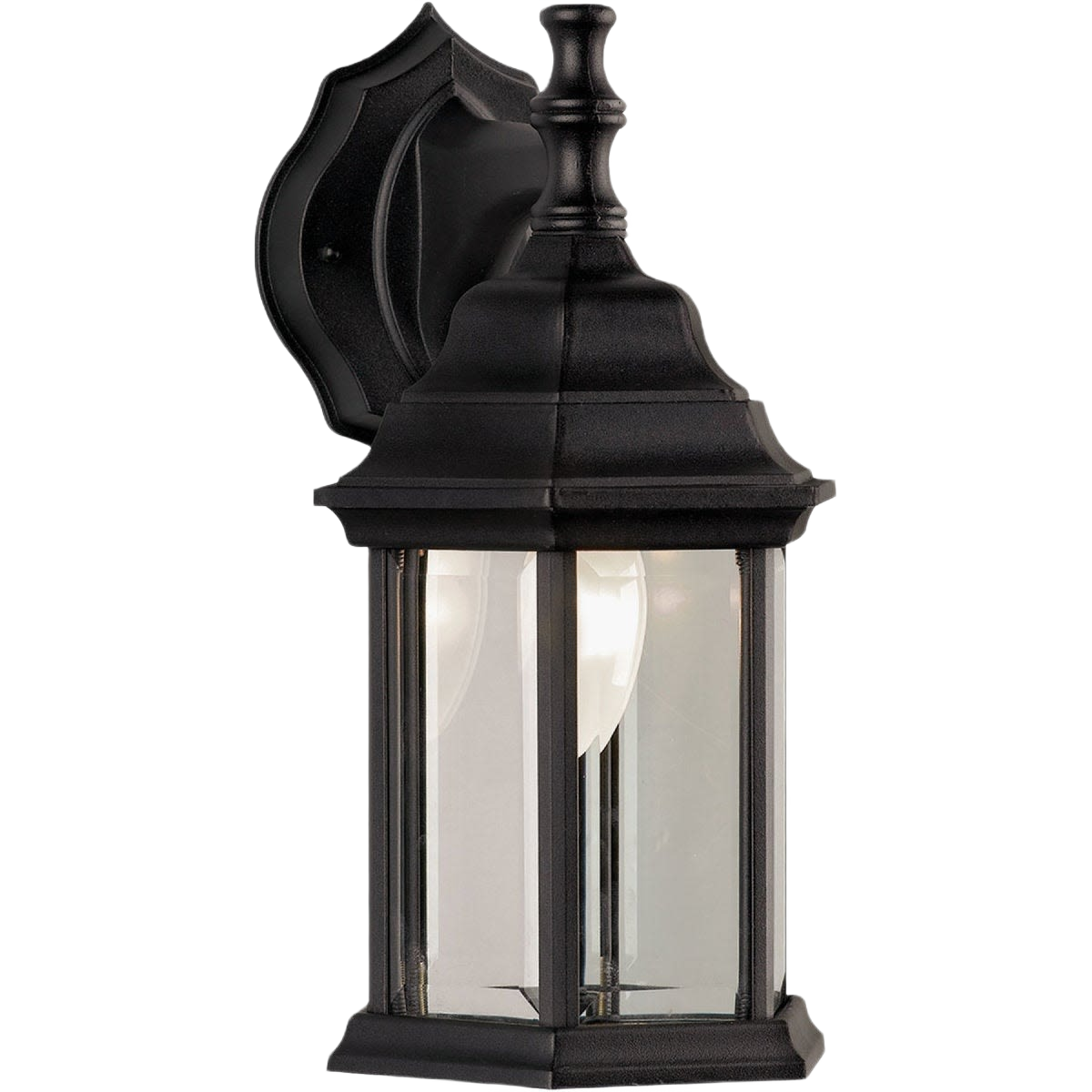 Black outdoor wall light fixture with clear glass panels and traditional lantern design for home improvement