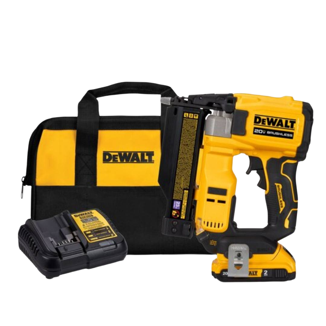 Yellow and black 20V brushless cordless pin nailer with battery, charger, and carrying bag for home improvement tasks