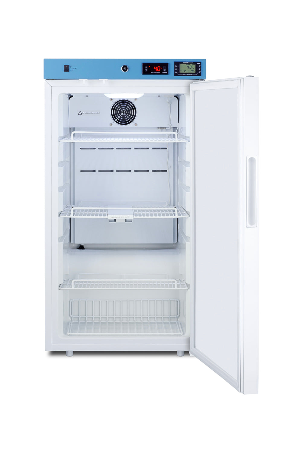 White upright specialty medical refrigerator with blue control panel and wire shelves in appliances and kitchenware collection