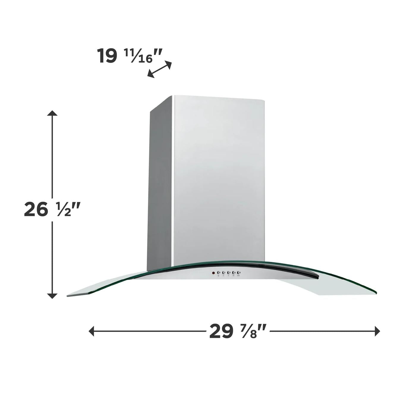 Wall-mount range hood with glass canopy and stainless steel finish, shown with height and width measurements from appliances collection