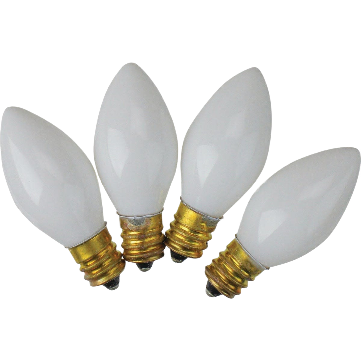 Set of four white replacement household light bulbs with brass screw bases for home improvement and lighting needs