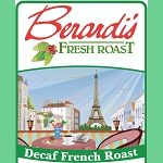 Package of Berardi's decaffeinated French roast coffee beans featuring Parisian street and Eiffel Tower illustration