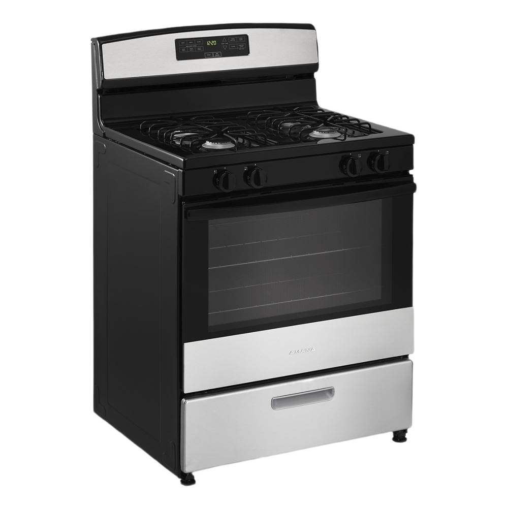 30-inch freestanding gas range with stainless steel accents, four burners, and digital control panel for kitchen appliances collections