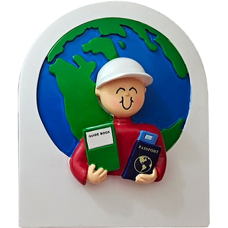 Smiling male traveler holding guidebook and passport in front of globe for Christmas Ornaments & Tree Decorations collection