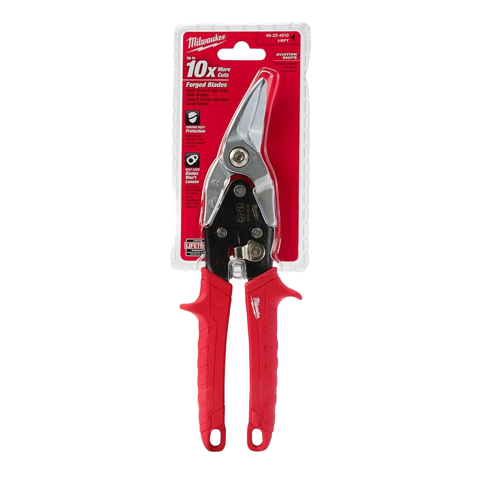 Left-cutting aviation snips with ergonomic red handles and forged blades for precise metal cutting in home improvement tasks