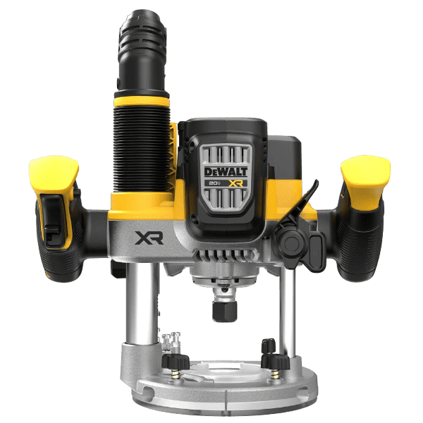 Cordless plunge router with yellow and black grips for precise woodworking and tools in home improvement projects