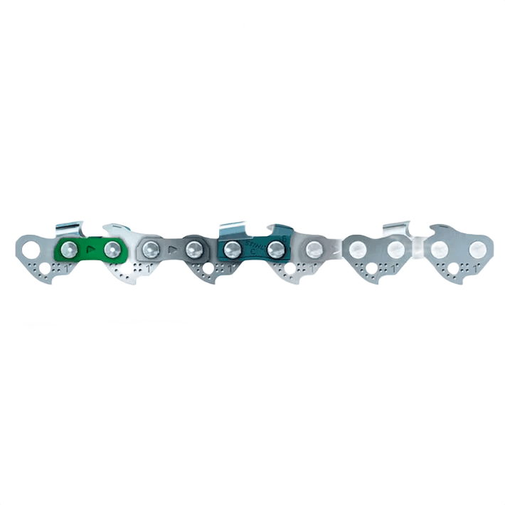 Close-up of a silver saw chain segment with green and blue links for power tool and saw accessories collections