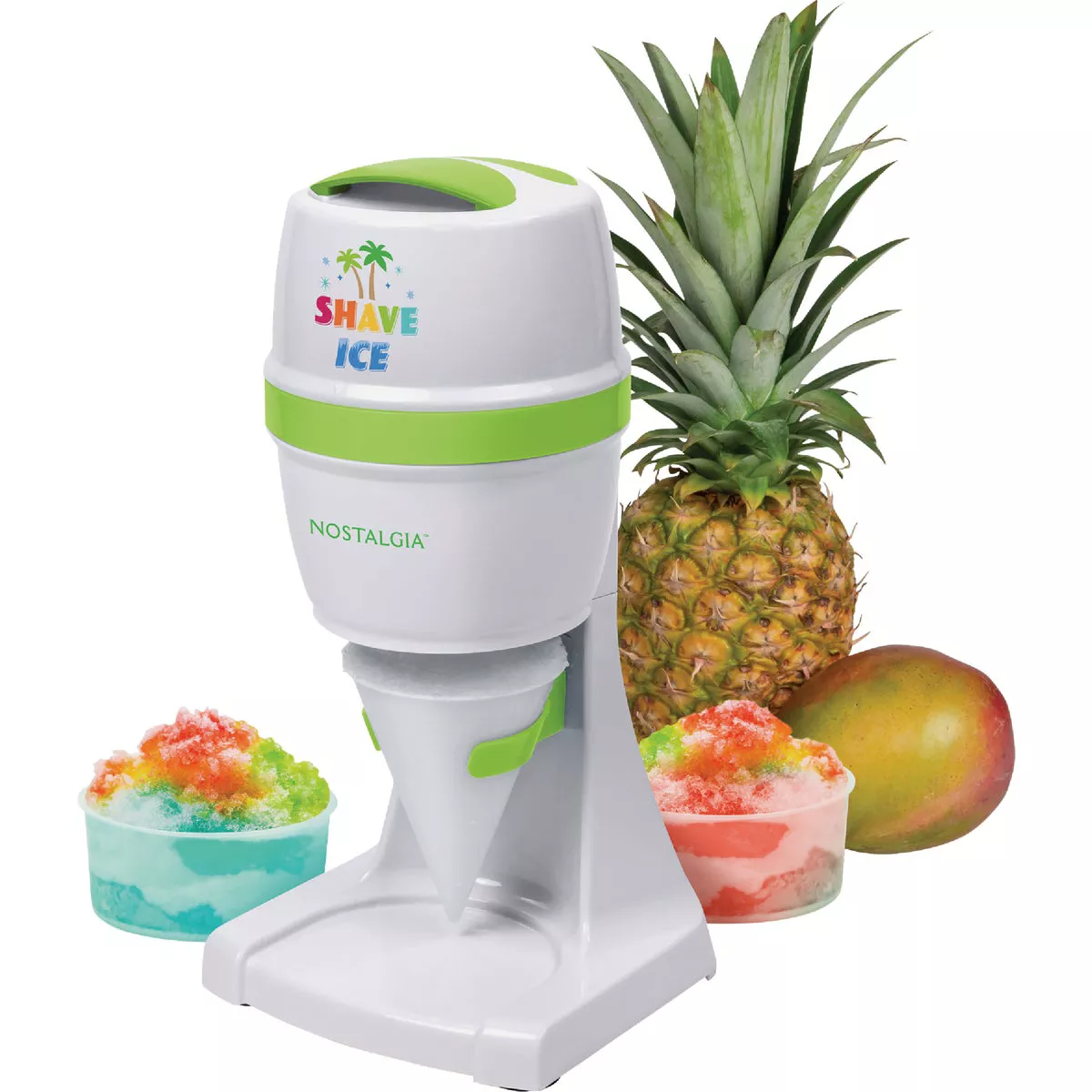 Compact white and green electric shave ice machine with colorful snow cones and fresh pineapple and mango nearby