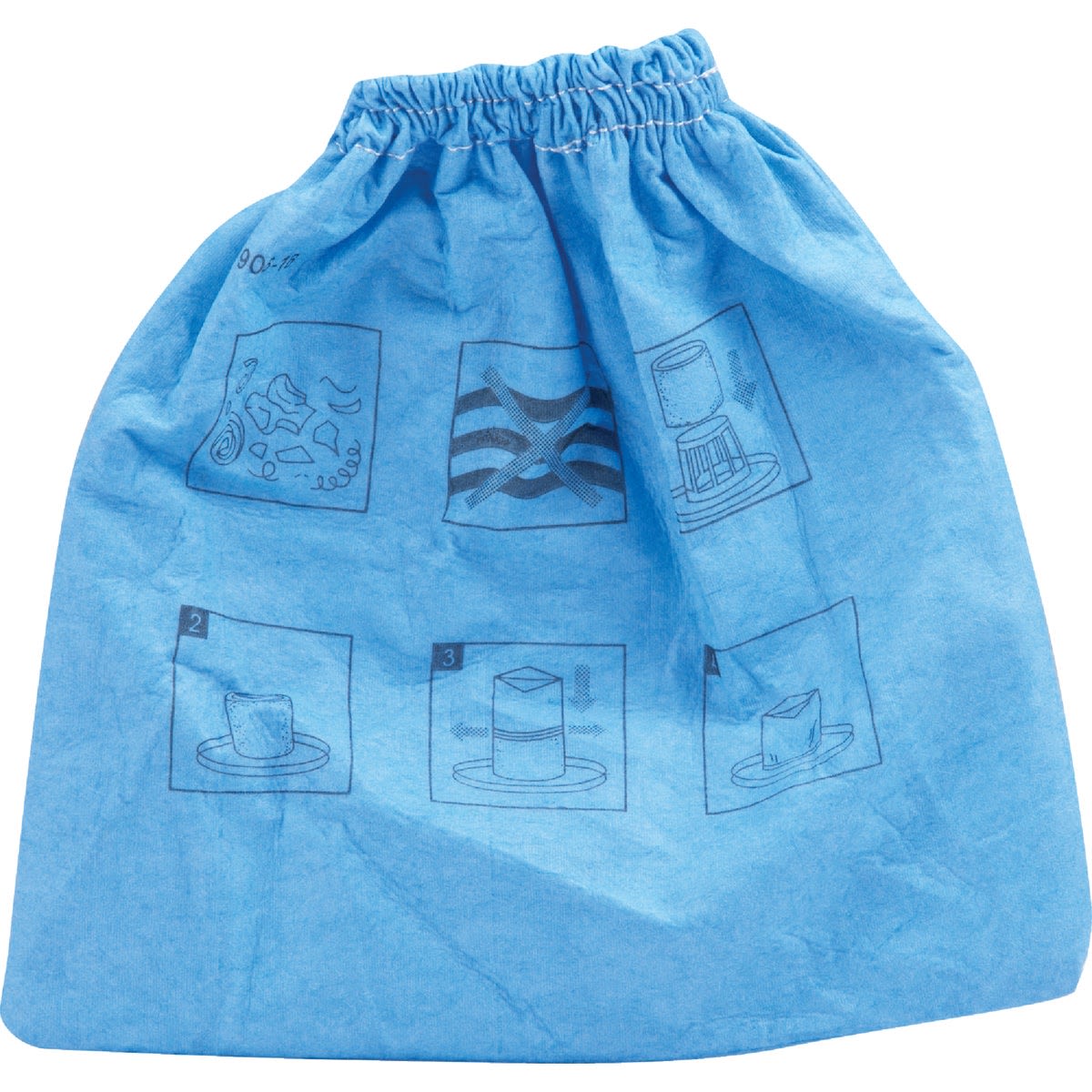 Blue cloth filter bag with printed instruction icons for vacuum filtration in tools and home improvement use