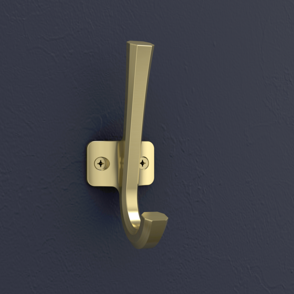 Brushed gold angled hook mounted on navy wall for storage and organization in home and garage projects under $50