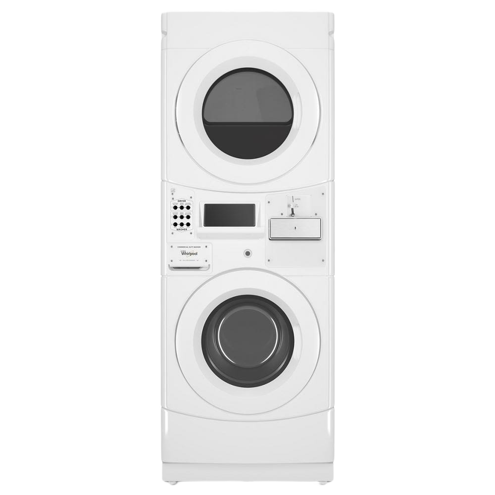 Commercial white gas stack washer and dryer combo with coin-operated controls in appliance laundry centers collection