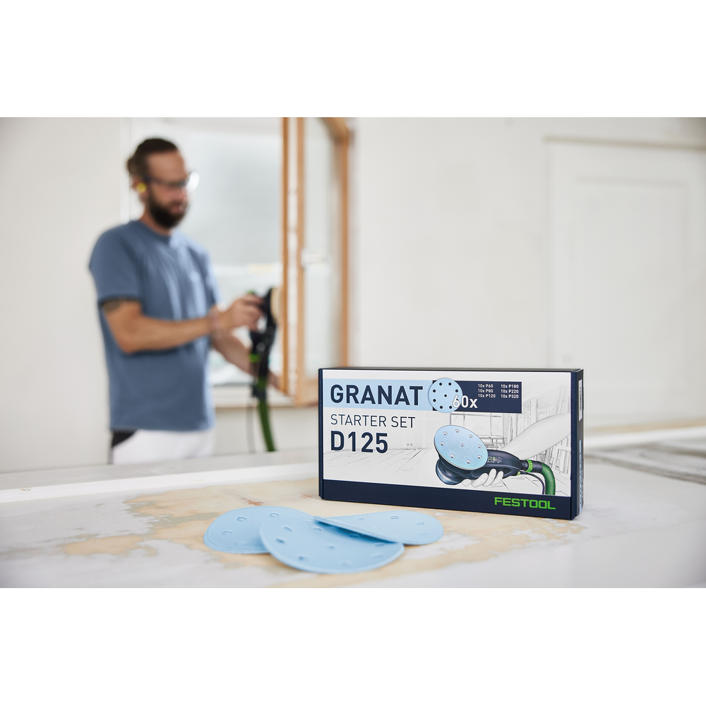 Festool Granat D125 sanding discs starter set with blue abrasives in box for power tool accessories and home improvement