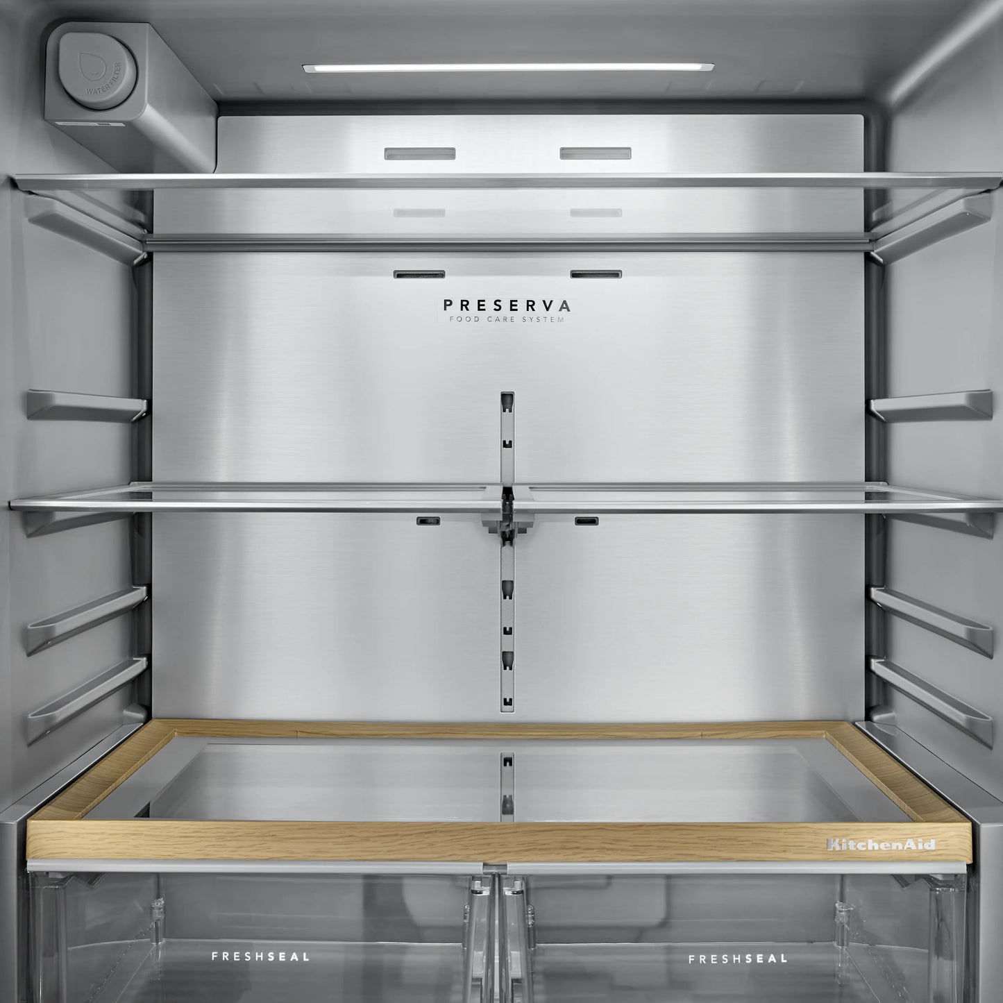 30 Cu. Ft. 36-Inch French Door Refrigerator with Exterior Water and Ice Dispenser and Wood-Look Sliding Tray in PrintShield® Finish