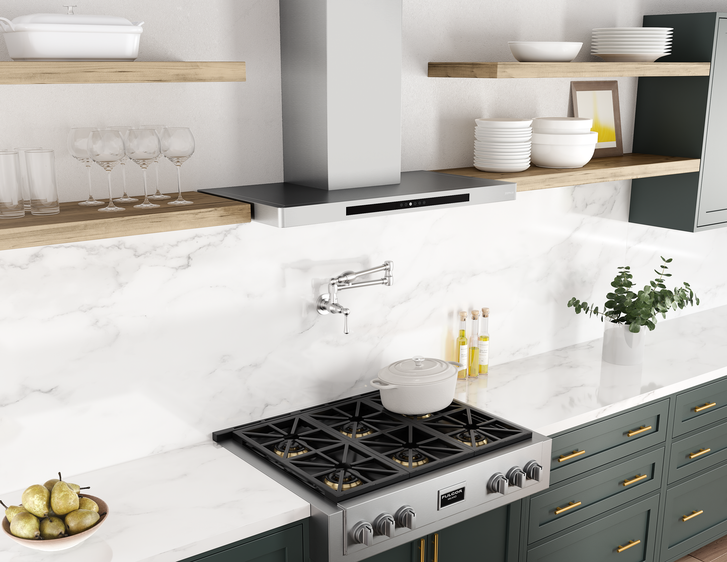 Contemporary stainless steel chimney hood with invisible touch controls in a modern kitchen from Range Hoods collection.