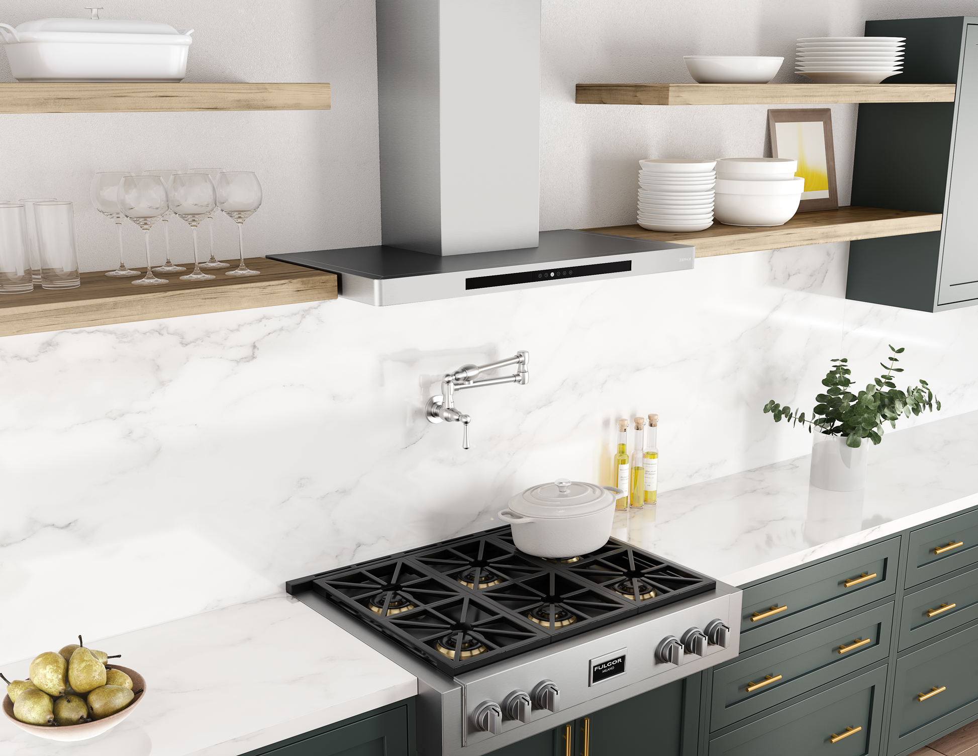 Contemporary stainless steel chimney hood with invisible touch controls in a modern kitchen from Range Hoods collection.