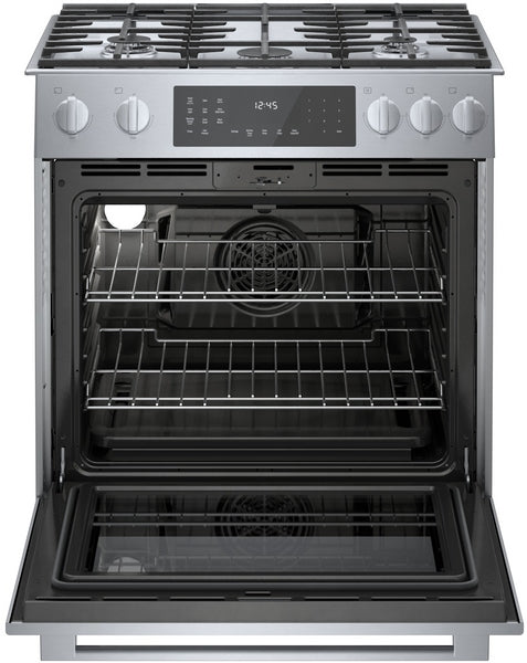 stainless steel dual fuel slide-in range with open oven door and digital touch control in Bosch kitchenware collection