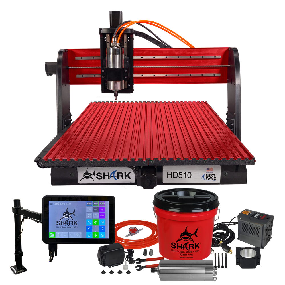 Red and black CNC router machine with touchscreen control panel and assembled accessories for tools and home improvement use