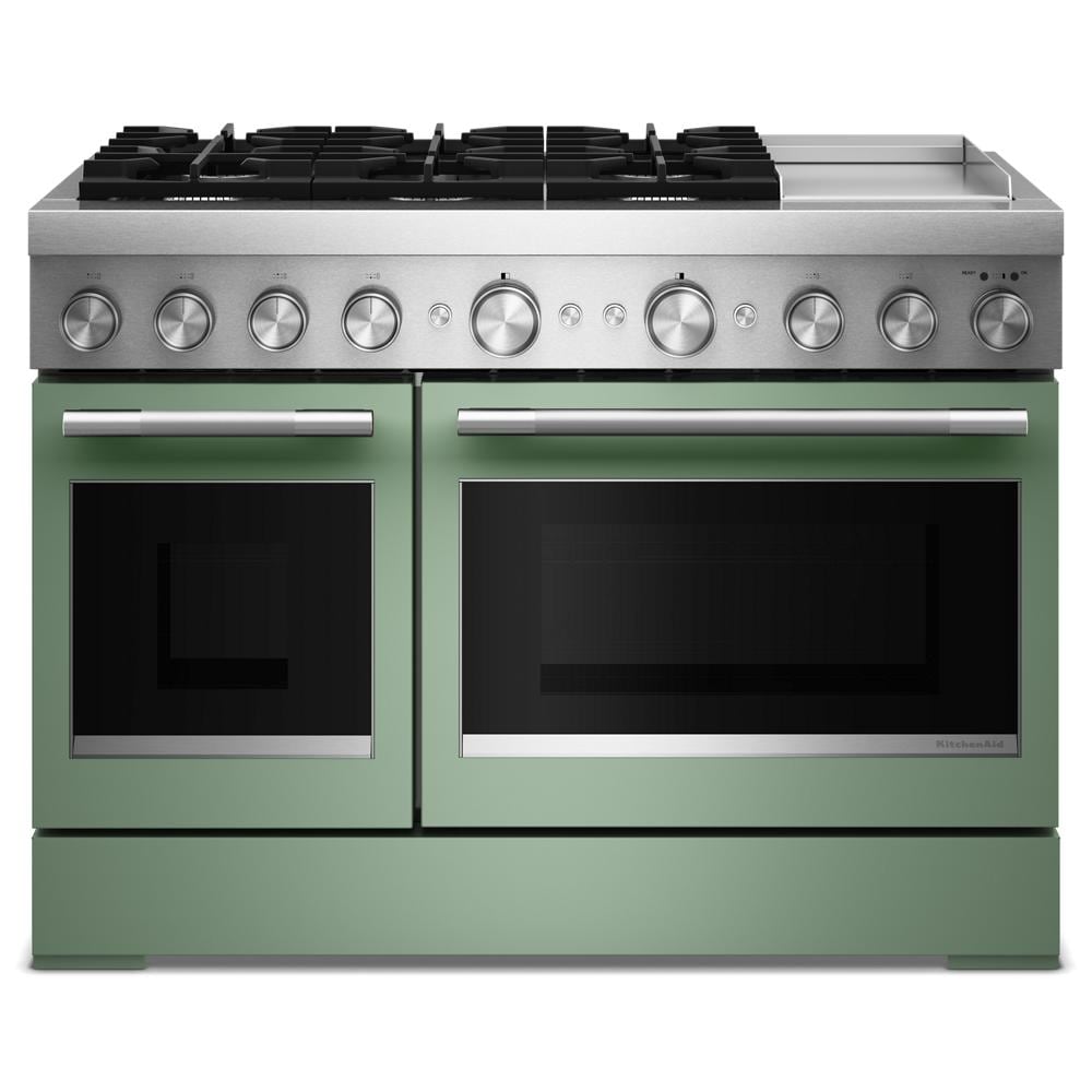 Green dual fuel range with six gas burners, electric griddle, and two ovens from KitchenAid Ranges collection