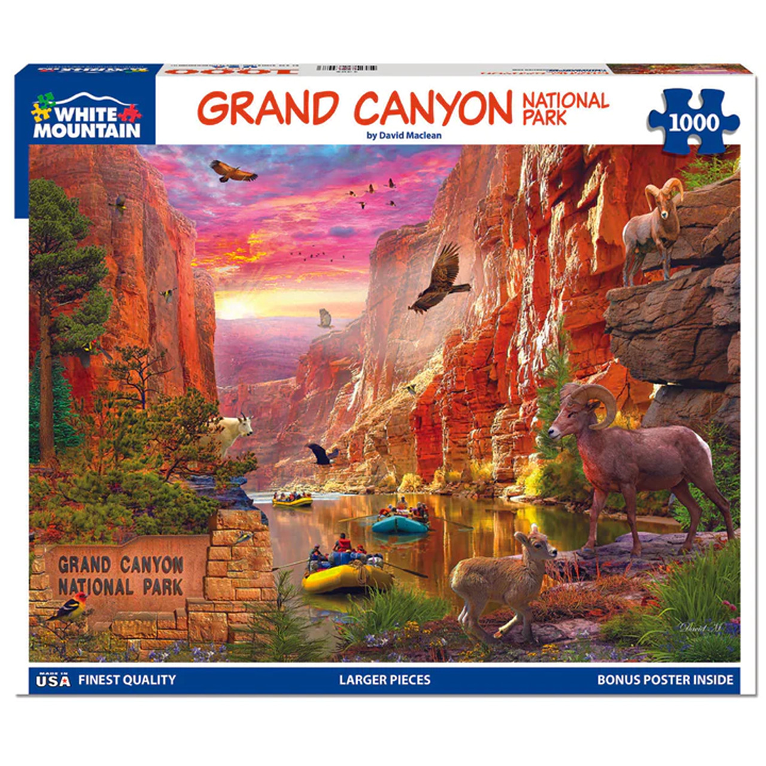 1000-piece puzzle featuring colorful Grand Canyon scene with rocky cliffs, wildlife, and river rafting adventure