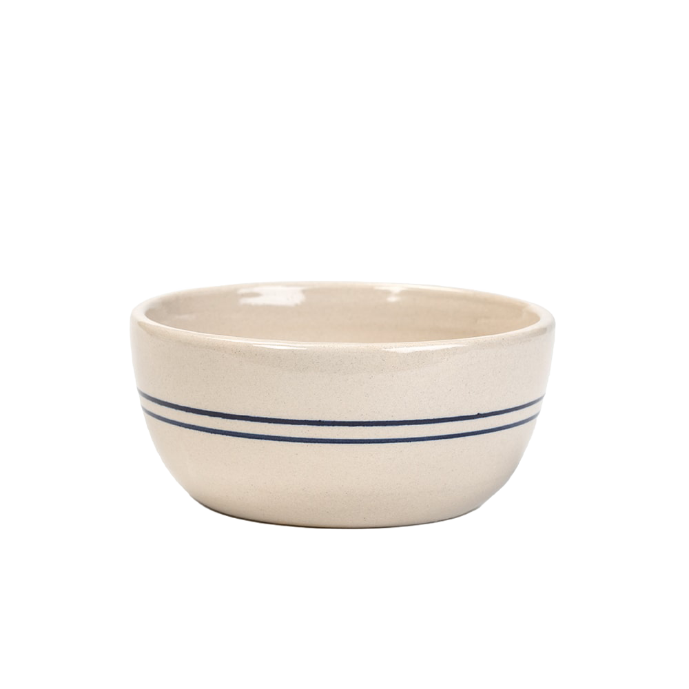 Cream stoneware bowl with dual blue stripes, ideal for serving and kitchenware collections under $50.