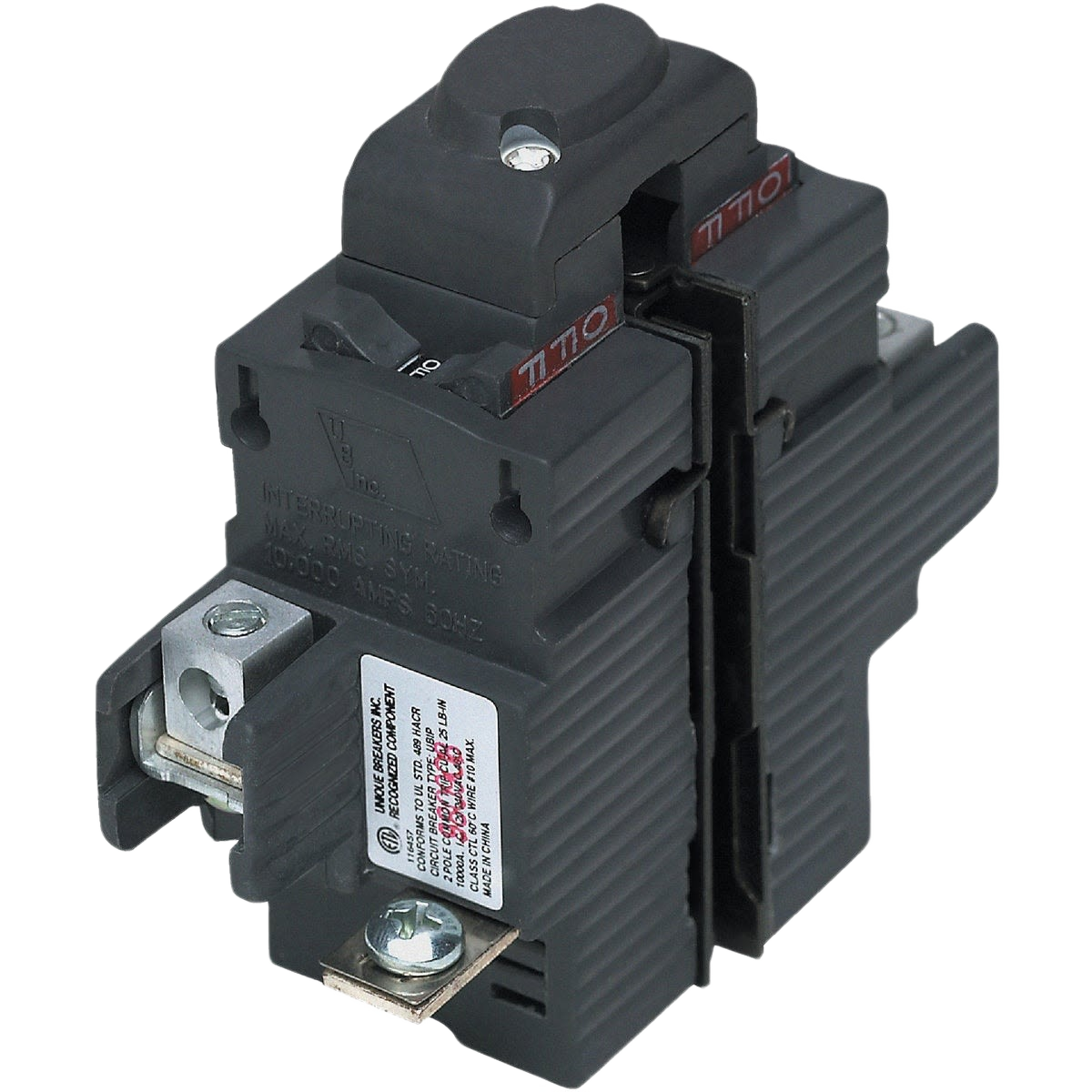 Black double-pole circuit breaker with metal terminals for home improvement electrical systems and tool use