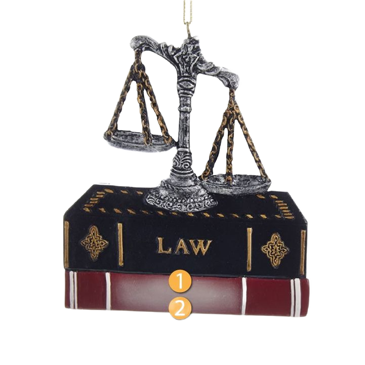 Decorative lawyer ornament featuring scales of justice on stacked law books for Christmas tree decoration under 50 dollars