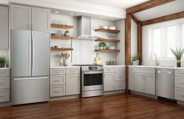 modern kitchen with stainless steel appliances including wall hood, refrigerator, electric range, and dishwasher