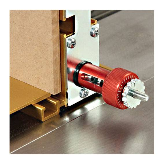Close-up of red adjustment knob on a precision woodworking jig in saw accessories and tool accessories collections