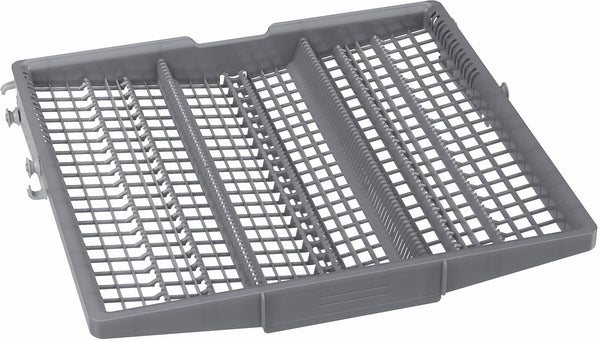 Gray plastic dishwasher cutlery tray with divided sections for organized utensil placement in Bosch kitchen appliances collection