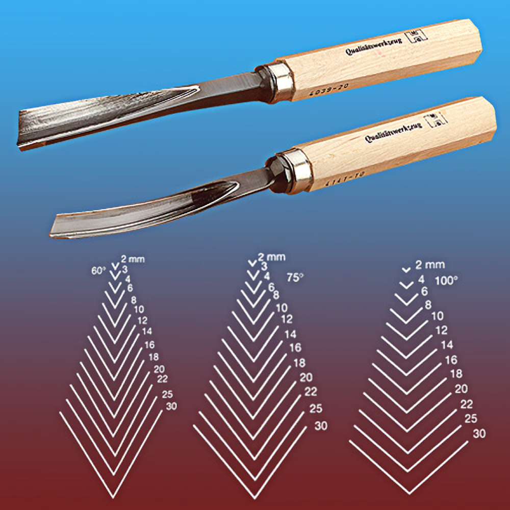Two wood carving tools with wooden handles shown above charts illustrating various V-part angle sizes for carving precision.