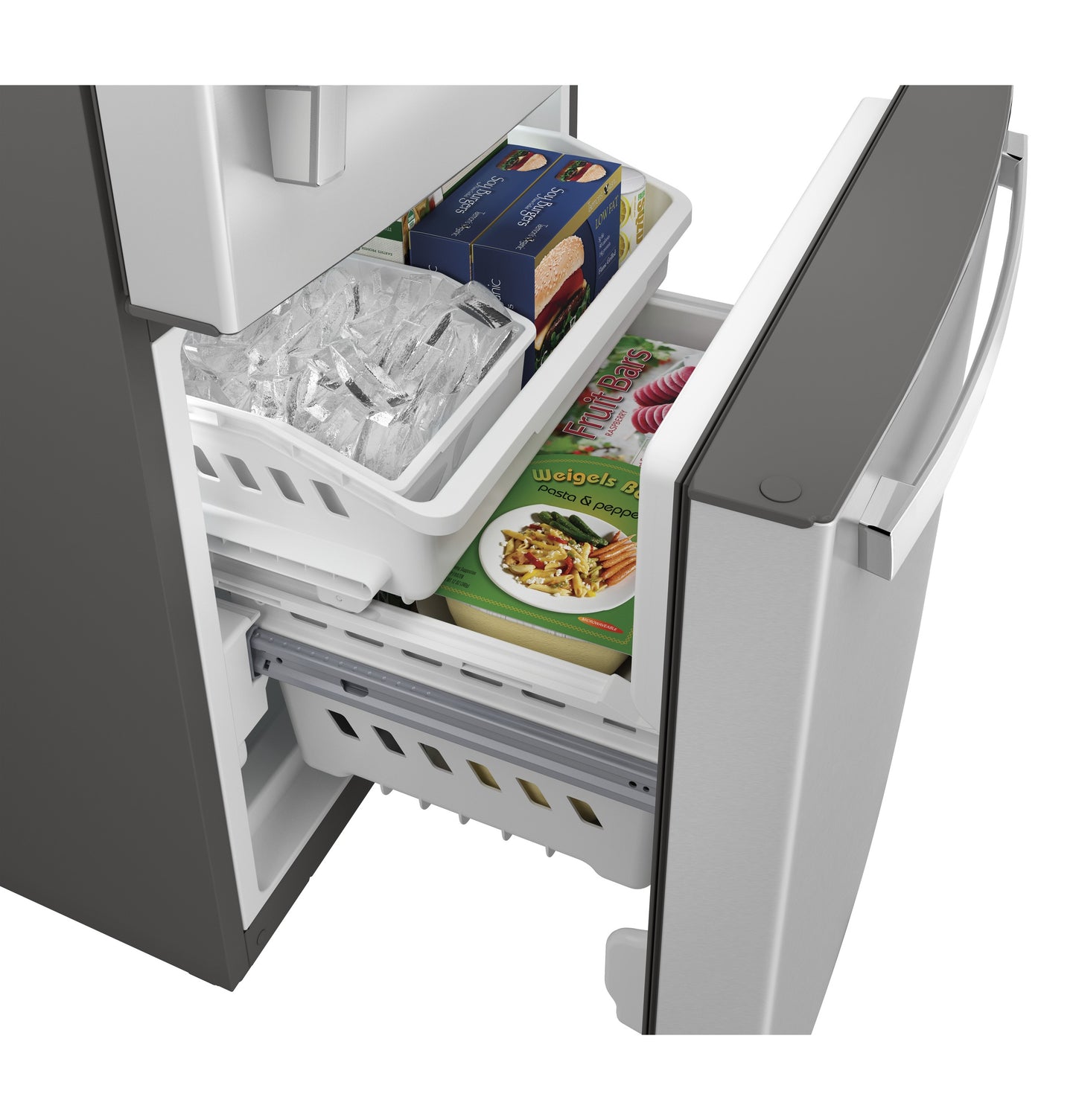 Open bottom freezer drawer with organized frozen foods inside GE stainless steel refrigerator from Appliances collection