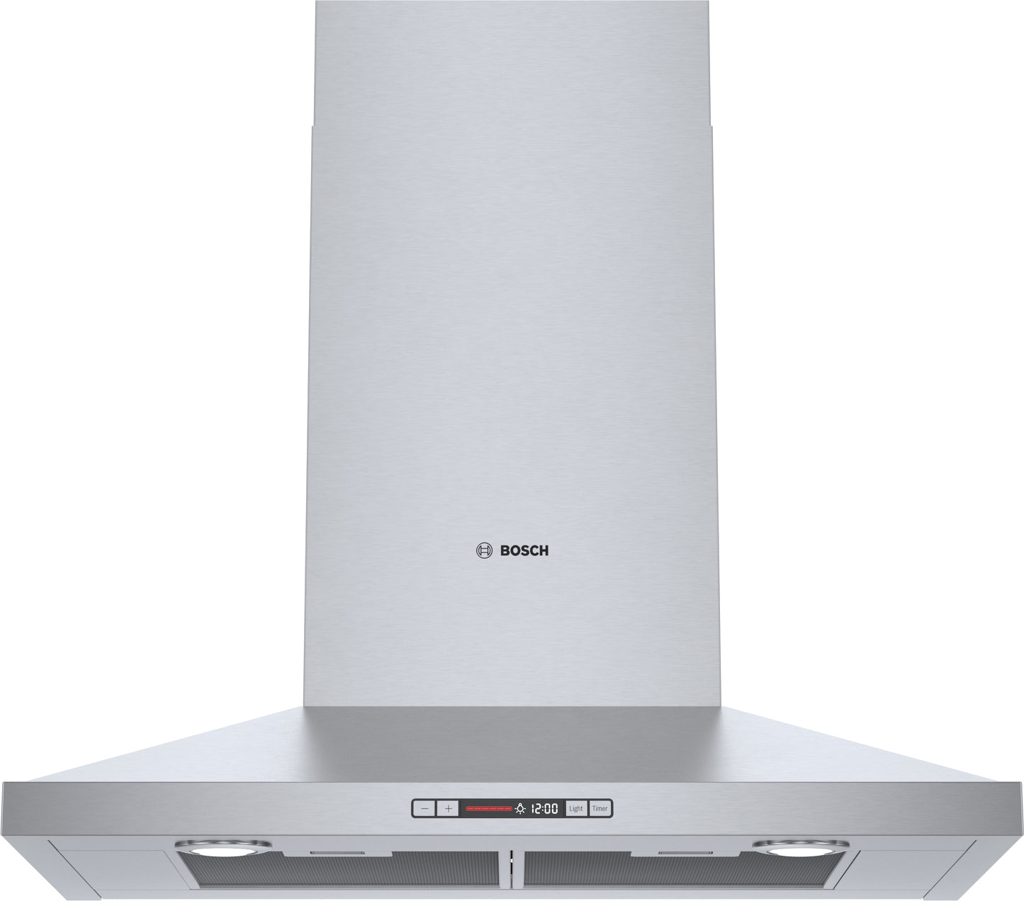 Stainless steel wall-mounted range hood with digital control panel and built-in LED lighting from Bosch Appliances collection
