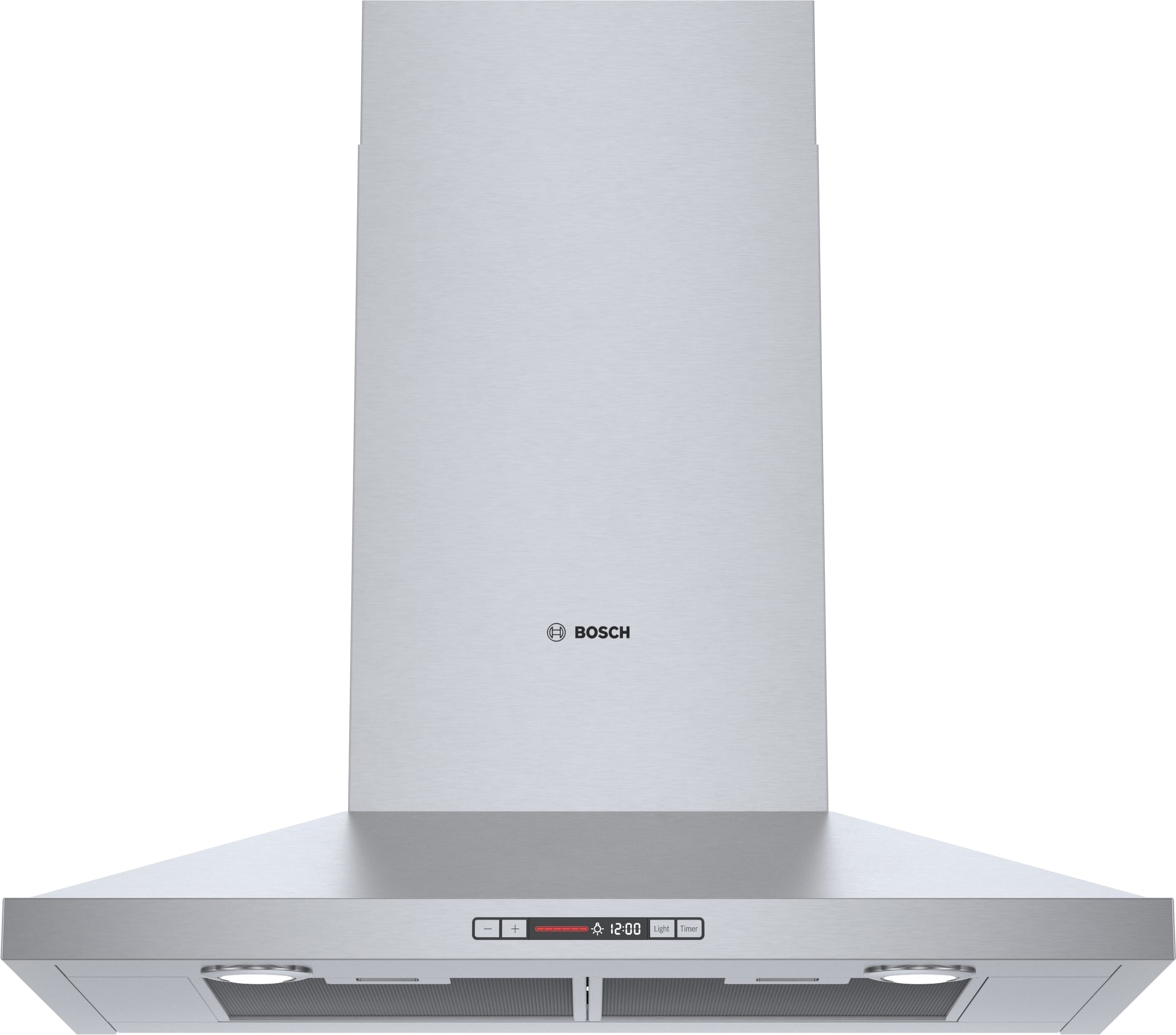 Stainless steel wall-mounted range hood with digital control panel and built-in LED lighting from Bosch Appliances collection