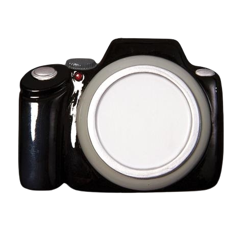 Glossy black camera ornament with customizable center for personalized holiday decor under $50 Christmas collection
