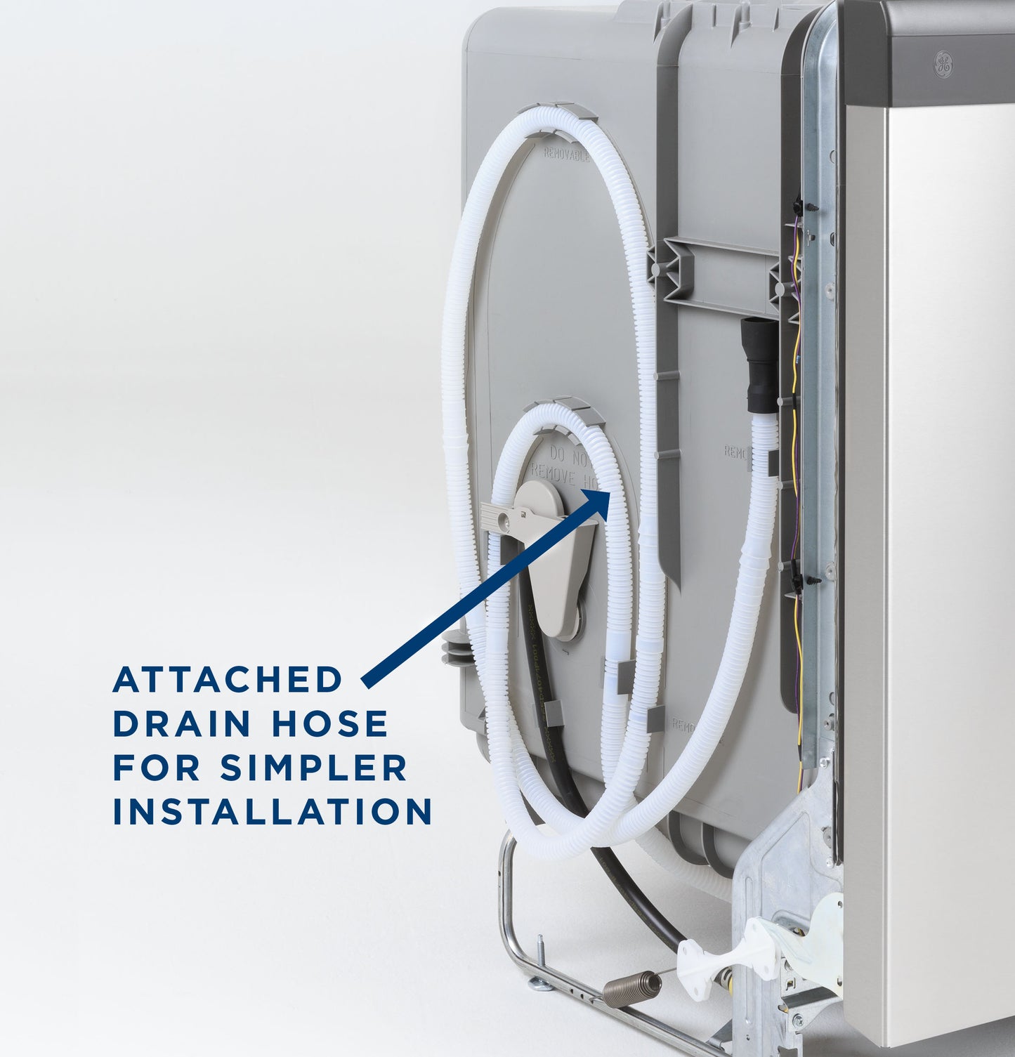Back view of dishwasher showing attached drain hose for easy installation in kitchen appliances collection