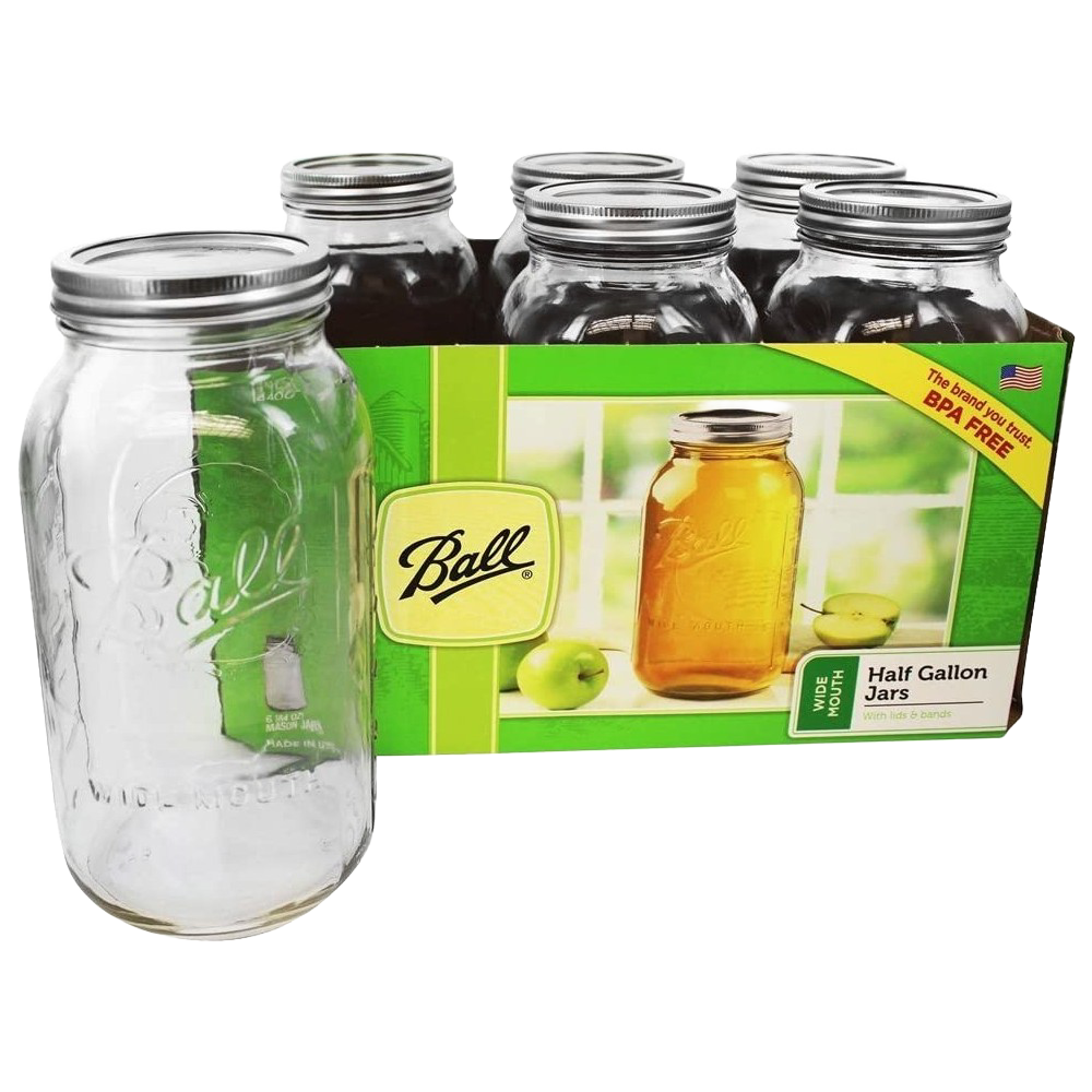 Set of six half-gallon wide mouth glass canning jars with metal lids in kitchenware collection