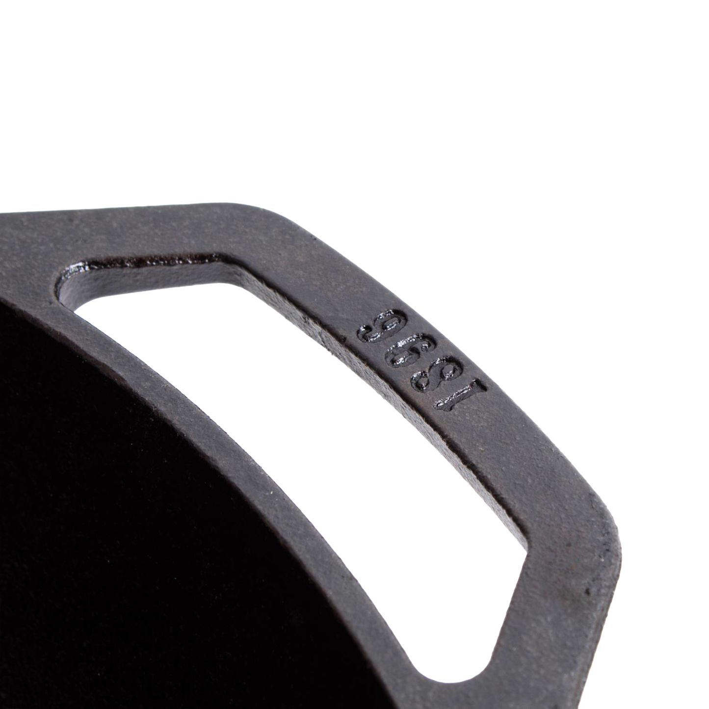 Close-up of cast iron cookware handle stamped with the year 1896, part of Lodge Cast Iron Kitchenware collections under $100