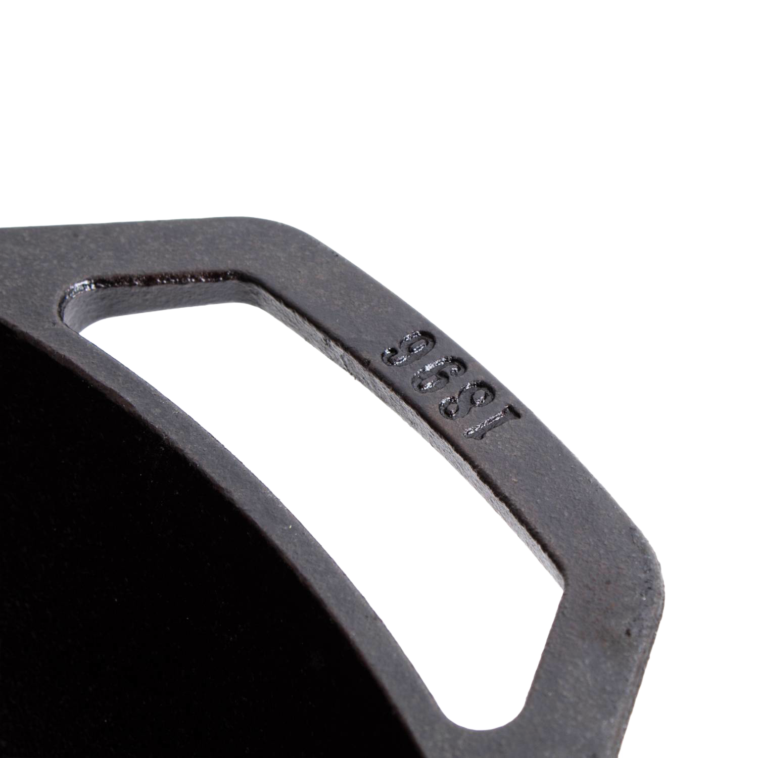 Close-up of cast iron cookware handle stamped with the year 1896, part of Lodge Cast Iron Kitchenware collections under $100