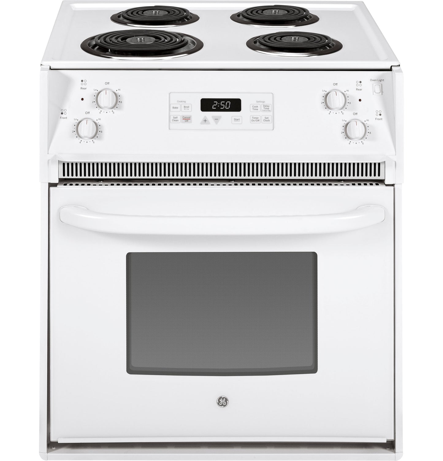 White electric drop-in range with coil burners, digital timer, and oven window in kitchen appliances collection