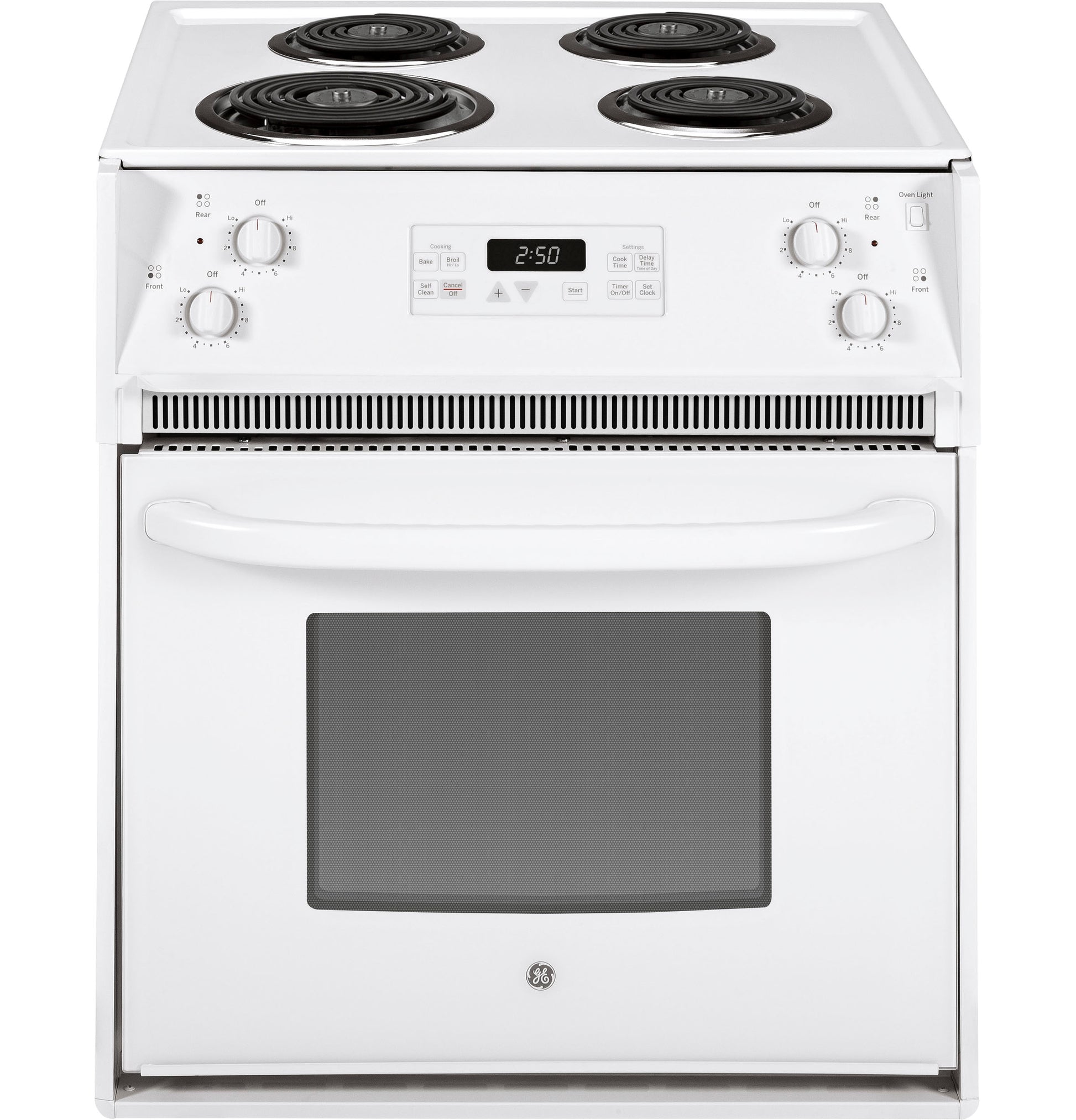 White electric drop-in range with coil burners, digital timer, and oven window in kitchen appliances collection