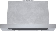 Stainless steel pull-out hood with touch controls and integrated blower in modern kitchen appliance collection