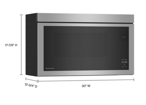 Stainless steel over-the-range microwave with flush design and digital control panel in kitchenware collection setting