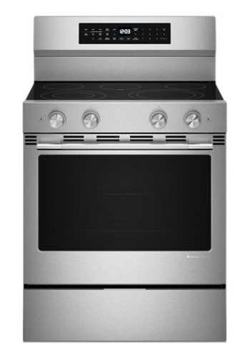 KitchenAid stainless steel freestanding electric range with smooth cooktop, convection oven, and digital touch controls from Ranges collection
