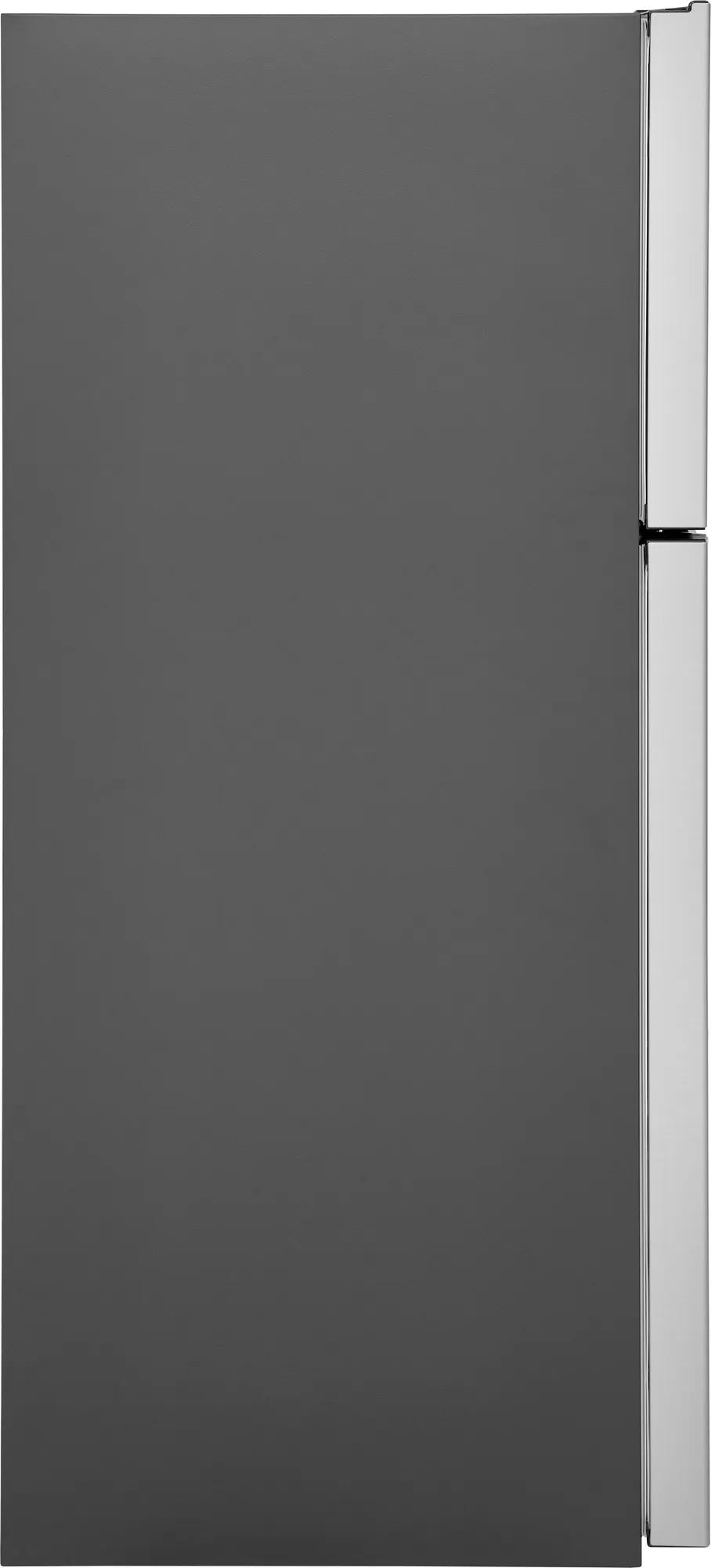 Side view of garage-ready top freezer refrigerator with sleek silver handles in kitchen appliance collection
