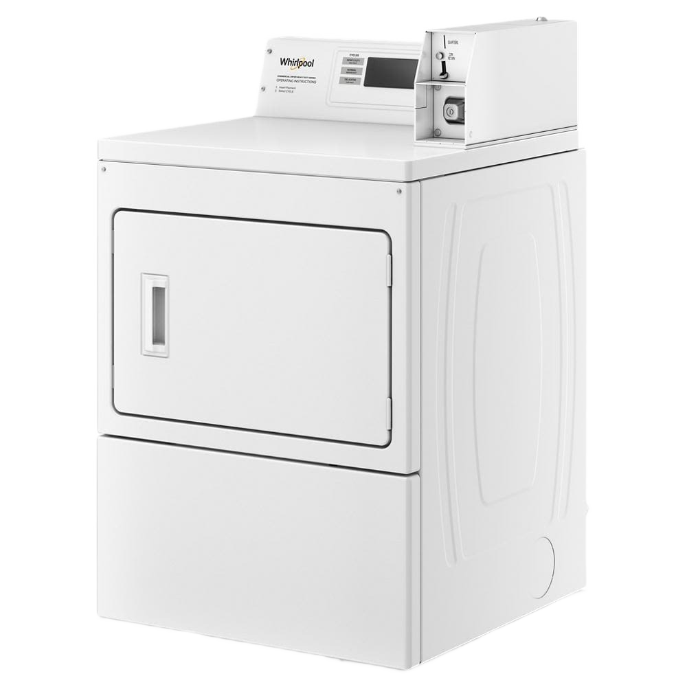 White commercial gas dryer with coin drop and box, designed for durability in gas dryers and laundry appliance collections