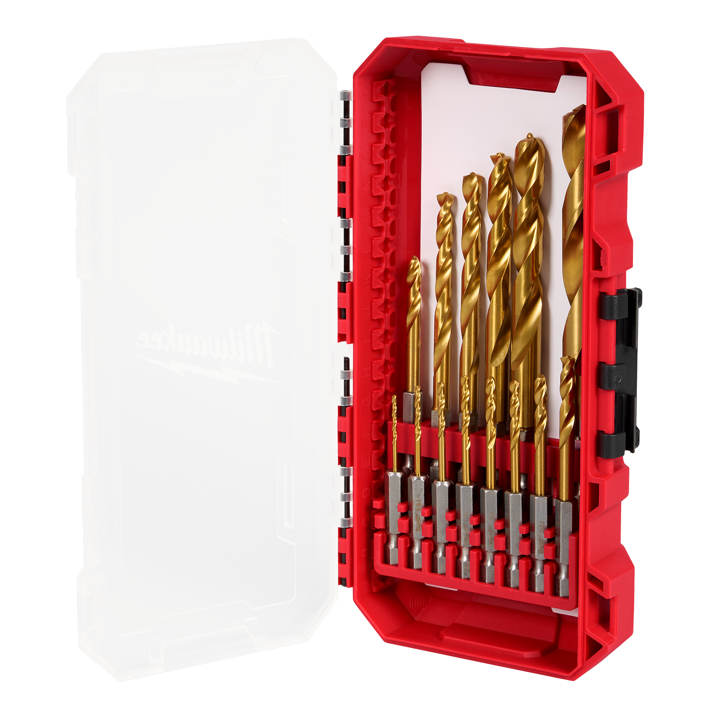 Open red Milwaukee PACKOUT™ case with clear lid displaying a set of gold-toned drill bits organized for woodworking and tool accessories at Hartville Hardware.